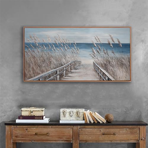 Framed Wall Art Scene Decor Canvas Print Painting Picture Artwork Framed Reed And Blue Coast Landscape Large Size For Living Room Bedroom Living Room And Office Wall Decor 29"X58" - color: Blue Gray, size: 58"L x 29"W