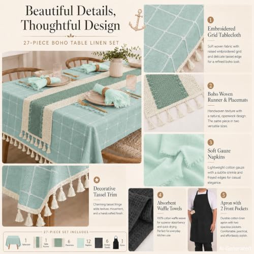 27 Pcs Blue Boho Table Linen Set for 6 with Tablecloth & Placemats - color: Blue