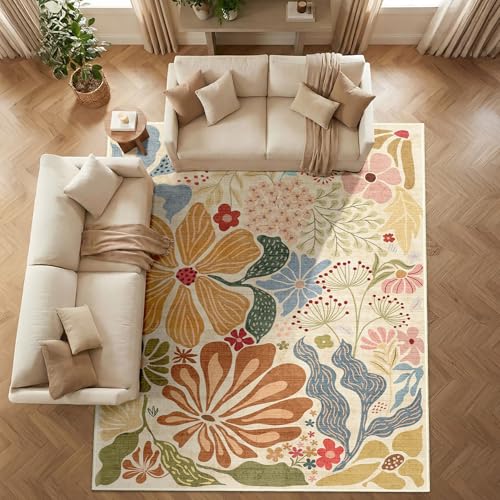 MUJOO 5x7 Area Rugs Washable Floral Rug Non Slip Low-Pile Beige - color: Beige, size: 5' x 7' (Rectangular)
