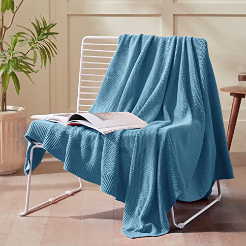 TREELY 100% Cotton Teal Knitted Throw Blanket 50"x60" - color: Teal, size: Throw(50" x 60")