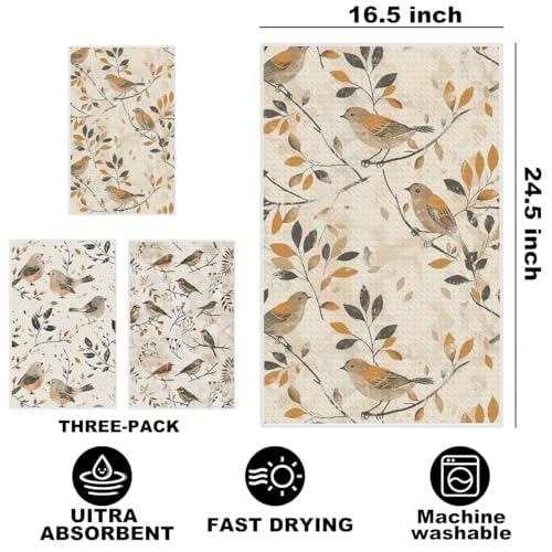 3 Pcs Vintage Birds Kitchen Towels, Artistic Decorative Dish Towel - color: Multi 1401