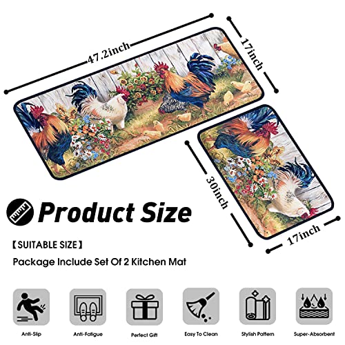 Rooster Kitchen Rugs and Mats Set of 2, Non Slip Washable Kitchen Runner Rug, Farmhouse Chicken Kitchen Floor Mats, Rustic Country Kitchen Rug Set for Sink, Laundry Room, 17"x30"+17"x47" - color: Rooster