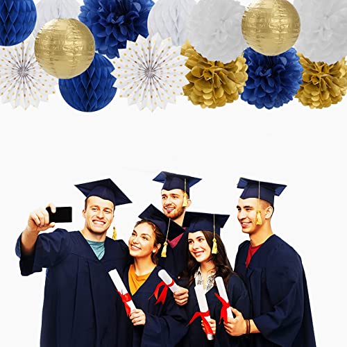 Navy-Blue White Gold Party Decorations - 14pcs Kits Paper Lanterns Fan,Tissue Flower Pom Poms Streamers,Honeycomb Balls,Graduation 2026 Men Birthday Wedding Baby Bridal Shower Decor Lasting Surprise - color: Navy Blue White Gold