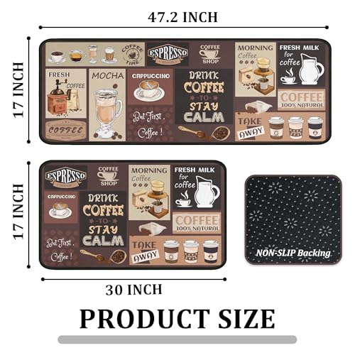 Vintage Coffee Themed Kitchen Rugs Set of 2, Coffee Cup Bean Quote Water Absorbent Non Slip Kitchen Floor Mats, Cafe Farmhouse Runner Rug for Sink Laundry Room Decor, 17"x30"+17"x47" - color: Color-60