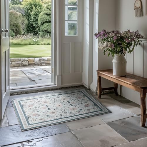 EverGrace Area Rugs for Entryway 2x3, Boho Floral Faux Wool Indoor Outdoor Small Rugs, Washable Rugs for Bedroom Bathroom Laundry Doormat, Low Pile Floor Mat Carpet for Home Decor, Pale Blue - color: Pale Blue Multi, size: 2'x3'