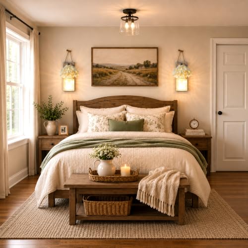 Rustic Mason Jar Sconces Wall Decor, Rustic Brown, Set of 2 - color: 11"H Brown + Hydrangea