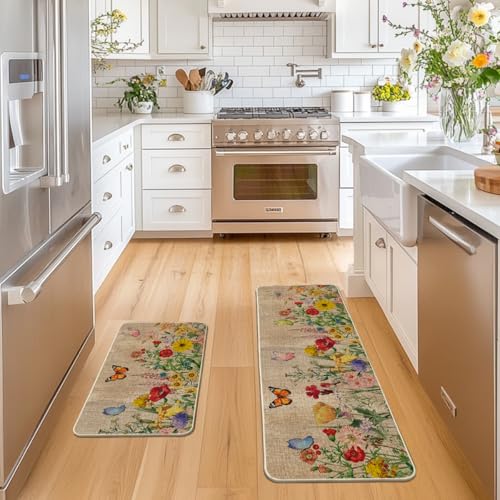 Artoid Mode Wood Flowers Butterfly Spring Kitchen Mats Set of 2, Seasonal Home Decor Leaves Low-Profile Kitchen Rugs for Floor - 17x29 and 17x47 Inch - color: Brown, size: 17" x 29" /17" x 47"