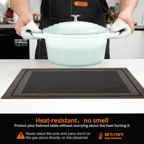 Black Gold Vinyl Placemats Set of 6, Heat Resistant Table Placemats - color: Black