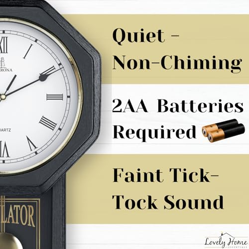 Pendulum Wall Clock, Real Wood Regulator Clock, Black, Quiet Non-Chiming - color: Black