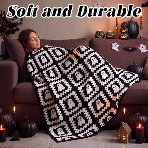 Halloween Ghost Granny Square Blanket Reversible Boo Knit Throw Blankets - color: Black and White, style: Halloween Ghosts