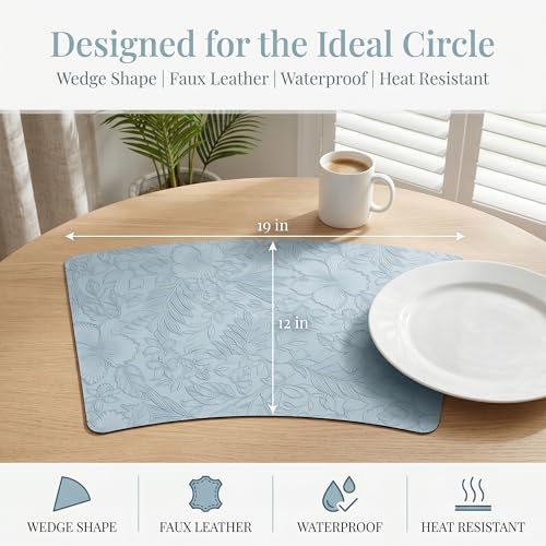 Faux Leather Set of 6, Placemats with Carving Floral Design - color: Light Blue
