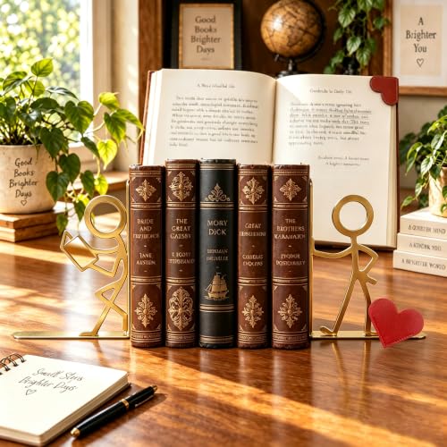 2 Pcs Metal Bookends and Heart Bookmark,Book Ends for Book Shelf,Golden - color: Gold Readers