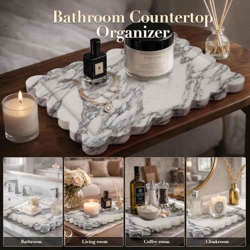 Scalloped Marble Tray, Natural Calacatta Marble Vanity Tray for Bathroom
