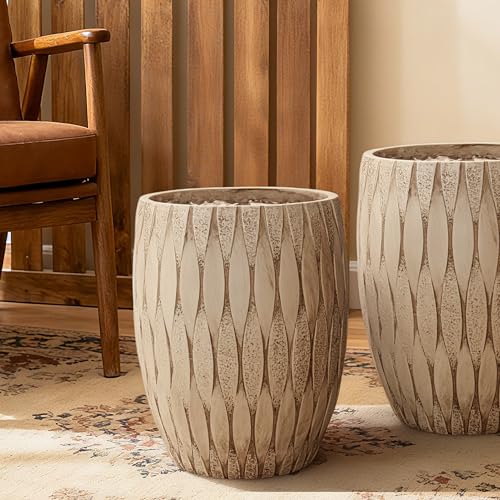 16" H x 14" Dia Weathered Concrete Planter, Large Indoor Outdoor Decorative Flower Pot with Drainage Hole, Modern Round Design for Home, Garden, Patio, Porch, or Courtyard, Vintage Yellow Stone Finish