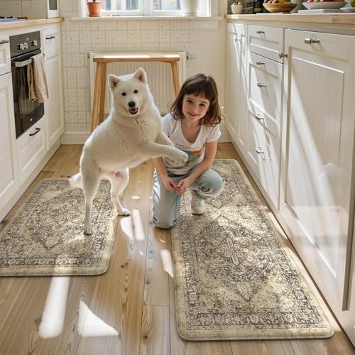 KIMODE Anti Fatigue Kitchen Mat, Boho Distressed Kitchen Rugs Sets of 2 - color: Boho Brown/Multi, size: 47"L x 17.3"W x 0.47"Th + 29"L x 17.3"W x 0.47"Th