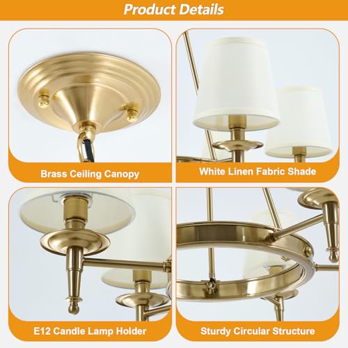 Brass Chandelier 6 Lights with White Fabric Linen Shade 29.52" W Gold Candle Pendant Light Fixture Modern Wagon Wheel Chandeliers for Dining Room Living Room Bedroom