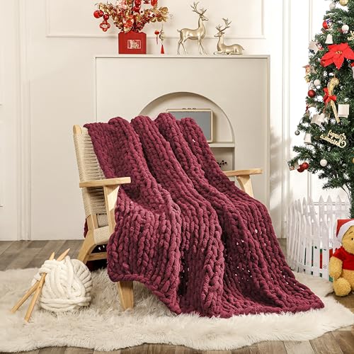 WESHIONGOO Chunky Knit Blanket Throw for Couch Bed 51"×63" Burgundy Red - color: Burgundy Red, size: 51"x63"(Large Size Throw)