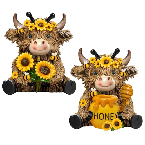 2 Pack Bee Highland Cow Figurine Decor, Bee Deor for Home - style: Bee