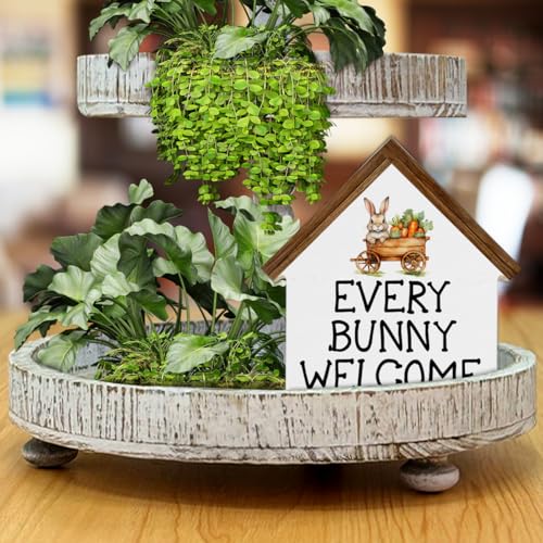 Easter Home Decor, Every Bunny Welcome House Shaped Wood Block Sign - color: bunny