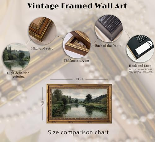 Yuantulan Vintage River Valley Landscape Wall Art Antique Gold Framed Print - color: Green mountains and clear waters