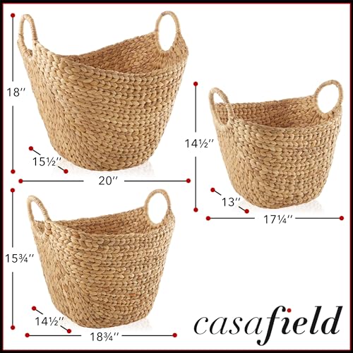 Casafield Set of 3 Multipurpose Boat Baskets with Handles - Natural, Woven Water Hyacinth Storage Organizers for Throw Blankets, Bedroom, Laundry