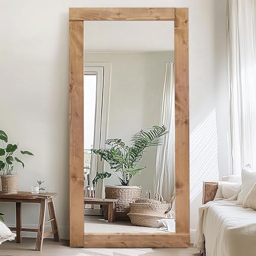 71x32in Full Length Mirror, Solid Wood Convex Frame, Light Brown - color: Light Brown-convex Frame, size: 71"L x 32"W