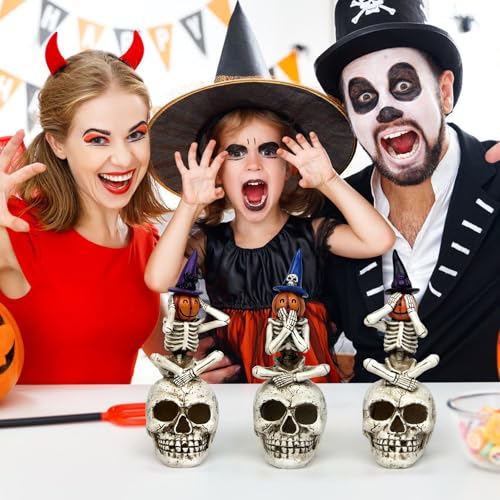 Halloween Skeleton Statue Set of 3, See Speak Hear No Evil Figurines - color: Pumpkin
