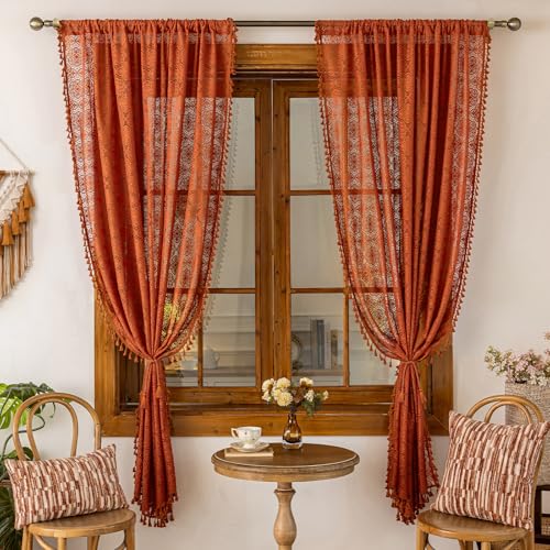 Sheer Boho Lace Curtains 63 Inches Long, Burnt Orange, Set of 2 Panels - color: Burnt Orange, size: 59"W x 63"L (Pack of 2)