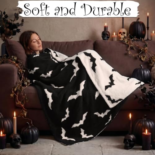 Halloween Bat Blanket Goth Reversible Knit Throw Blanket - color: Black and White, style: Halloween Bat