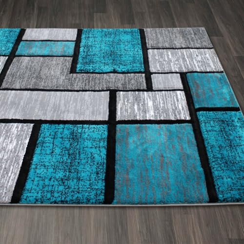 Modern Luna 3995 Geometric Living Room Rug - Area Rugs for Living Room Dining & Bedroom - Hand Carved Runner Carpet - Durable Polyester - Non-Fade Stain-Resistant - Turkish Made - color: Turquoise, size: 5' x 7' (Rectangular)