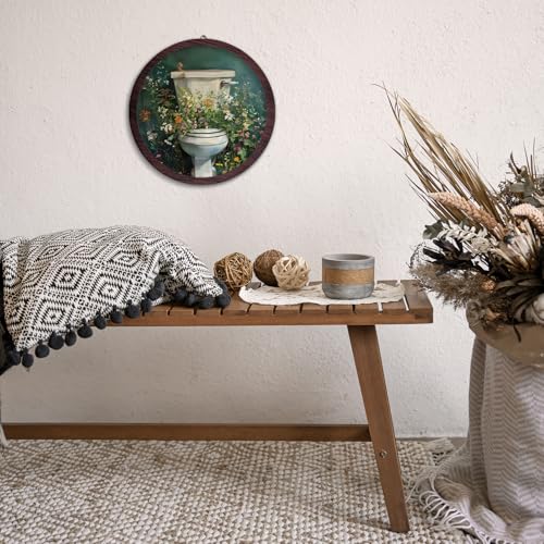 XDFVL Botanical Toilet Bathroom Wall Art Decor, Wildflowers Floral Cottagecore Framed Hanging Wooden Prints, Flower Vintage Bath Round Wall Artwork for Bathroom Restroom, 10x10 Inch - color: floral toilet