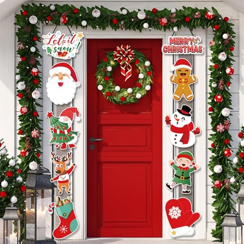 CroBlissful 2 Sets Christmas Porch Sign Santa Snowman Elf Door Banner - style: Christmas