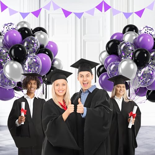 60pcs Purple and Black Balloons 12inch with Silver Confetti Balloons - color: Purple Black Silver