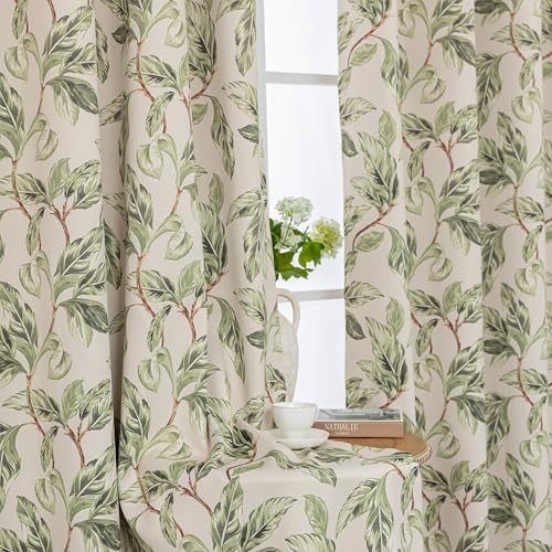 Blackout Curtains for Bedroom, Green Leaf Window Drapes 54 Inch Length for Living Room, Thermal Insulated Grommet Curtains, 2 Panels - color: Green Leaf, size: 52"W x 54"L (Pack of 2)