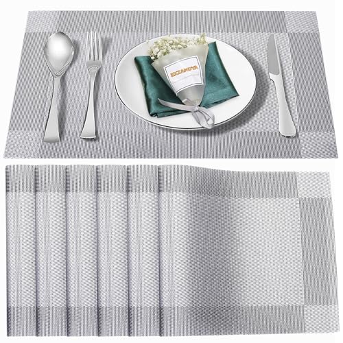 Silver Vinyl Placemats Set of 6,Washable Dining PVC Table Mats - color: Silver, size: 6PCS 12"Wx18"L