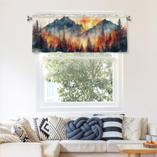 Mountain Landscape Valances for Windows Rod Pocket Curtain Valance 1 Panel Short Curtains for Kitchen Bathroom Living Room Bedroom Window Treatments - color: Mountain Landscape