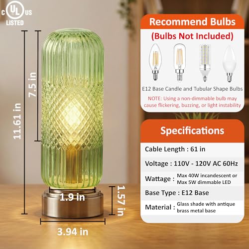 Buruis 11.6" Touch Dimmable Table Lamp with Ribbed Glass Shade, Light Green - color: Light Green