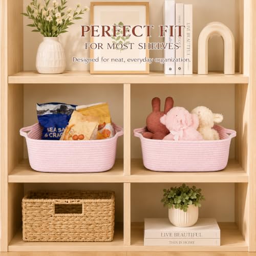 XUANGUO Medium Woven Cotton Rope Storage Basket with Handles, Light Pink - color: Light pink