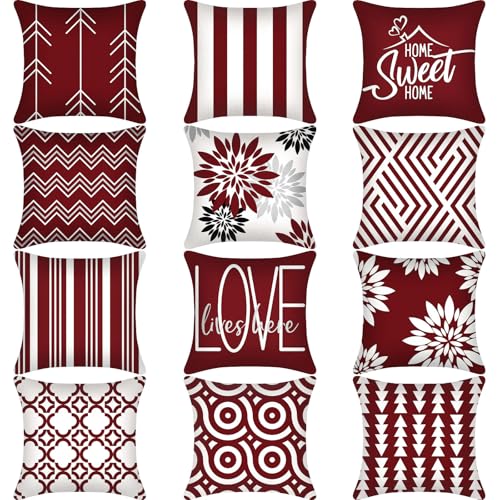 Flutesan 12 Pcs Pillow Covers 18x18 Geometric Linen for Couch, Red - color: Red