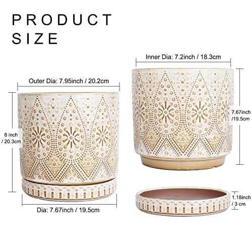 8 Inch Indoor Plant Pot with Drainage Holes and Saucers, Ceramic Planter for Plants, Succulent Orchid Flower Pots - color: Creamy White, size: 8 Inch Planter