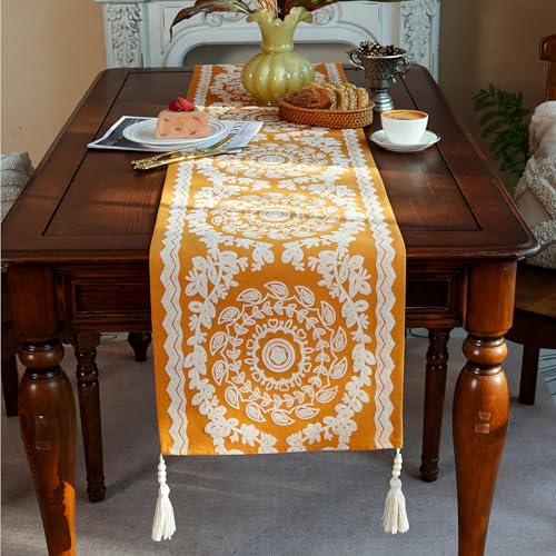 ARTABLE Ginger Boho Table Runner Wood Bead Tassel Dresser Scarf 14x60 Inch - color: Ginger, size: 14 x 60 Inch