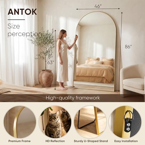 Antok 86" x46” Arched Full Length Mirror, Floor Mirror with Stand, Gold - color: Gold, size: 86"L x 46"W