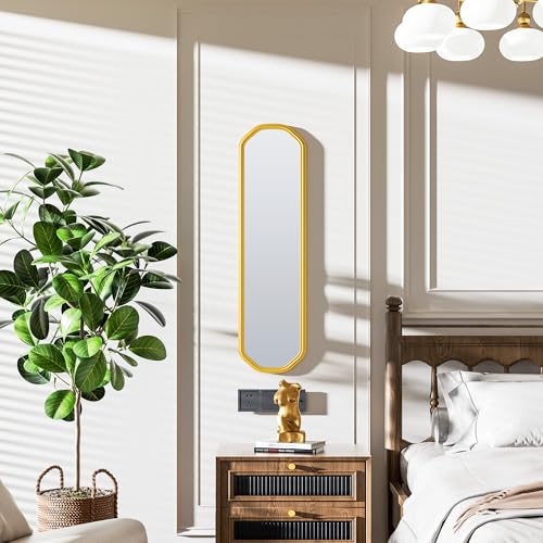 Ferytange Modern Slim Wall Decor Mirror 10"x44" Gold - Skinny Wall Decor for Entryway, Bedroom, Nursery, Luxury Metal Frame with Anti-Shatter Glass - color: Gold, size: 44"L x 10"W