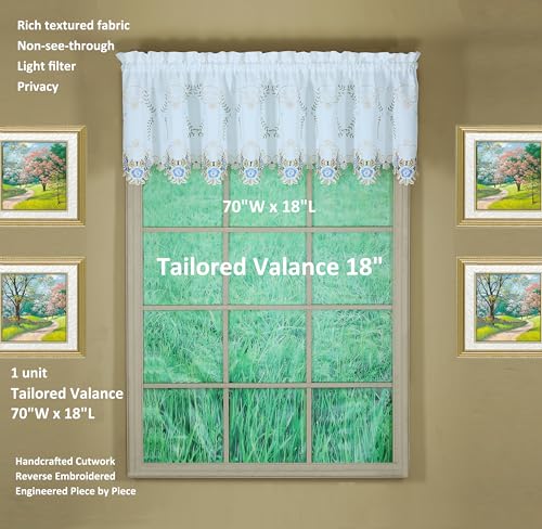 Today's Curtain Verona Reverse Embroidery Tailored Valance, 18", White/Blue, 70" W X 18" L - color: White/Blue, size: 70"W x 18"L (Pack of 1)