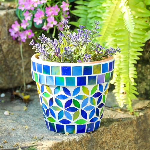 Mosaic Ceramic Small Succulent Plant Pot with Drainage 4 in Planter - color: Mosaic Blue