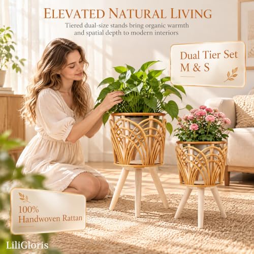 Boho Rattan Plant Stand, Set of 2 (Small & Medium), Indoor Outdoor