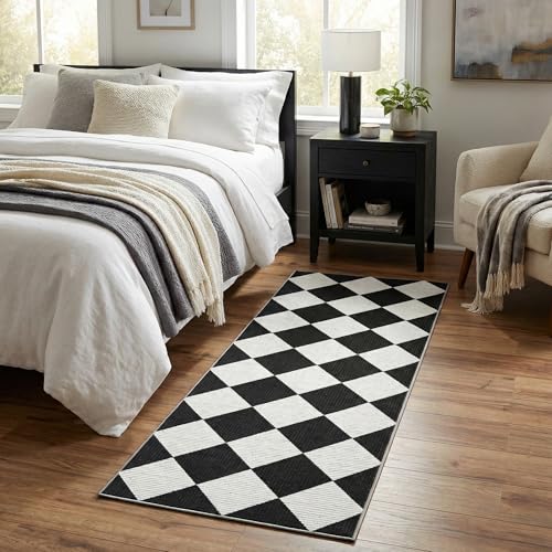 GarveeHome Checkered Rug Runners Hallway 2x6 Black and White Kitchen Runner - color: Black/White, size: 2' x 6' (Rectangular)