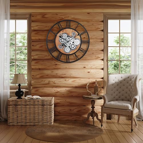 Lafocuse 23 Inch Steampunk Large Wall Clock with Moving Gears Wooden Brown
