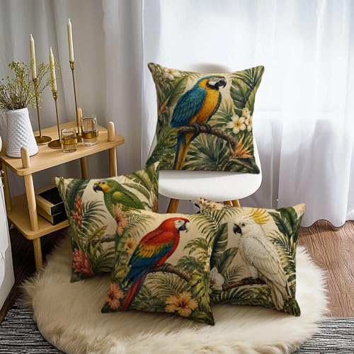 Parrot Throw Pillow Covers 18x18 Set of 4 | Tropical Bird Decorative Cushion Covers | Vintage Macaw Botanical Pillowcases for Couch Sofa Bed Living Room Home Decor - color: Tropical Parrot (Pack of 4)