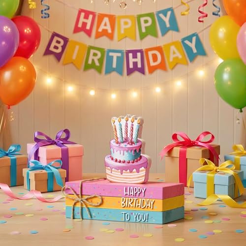 Smile Birthday 나무 장식, 미니 인조 책 번들, 나무 사인 블록 다채로운 생일 축하 계층형 트레이 센터피스, 홈 오피스 농가 책상 선반 벽난로 파티 장식용 소박한 테이블 탑 - style: 생일 케이크